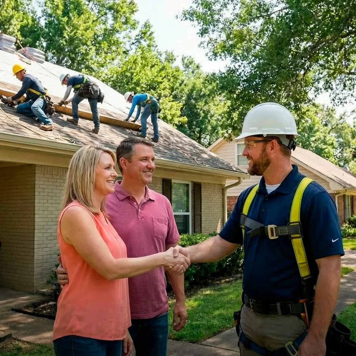 Homeowners speaking with a roof repair contractor in The Hammocks, FL